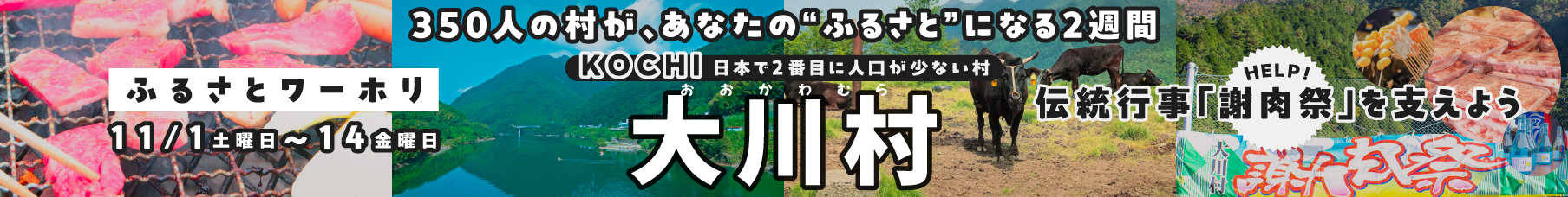 350人の村が、あなたの“ふるさと”になる2週間 KOCHI 日本で2番目に人口が少ない村 大川村（おおかわむら） ふるさとワーホリ 11/1土曜日～14金曜日 HELP! 伝統行事「謝肉祭」を支えよう